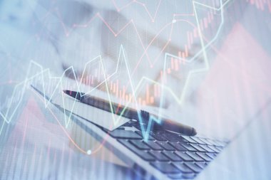 Bilgisayar geçmişi olan eski grafik hologramı. Çoklu maruz kalma. Finans piyasası kavramı.