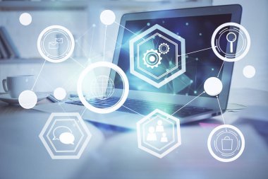 Sosyal ağ tema simgesi olan masaüstü bilgisayarı. Çoklu maruz kalma. Uluslararası bağlantılar kavramı.