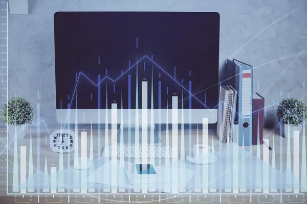 Forex graph hologram on table with computer background. Double exposure. Concept of financial markets. — Stock Photo, Image