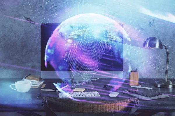 Computer on desktop in office with technology theme hologram. Multi exposure. Tech concept. — Stock Photo, Image