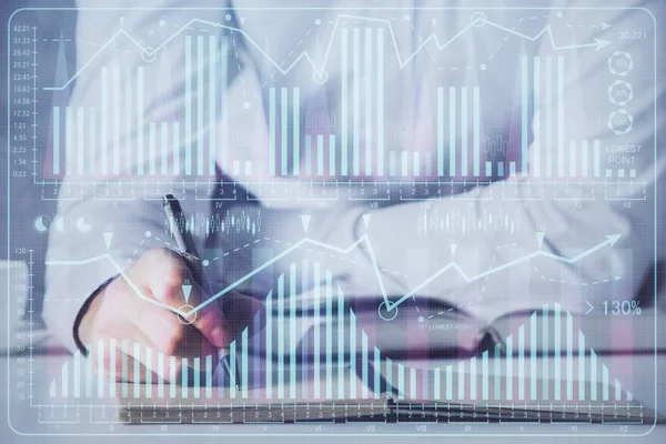 Financial trading chart multi exposure with man desktop background.