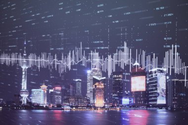 Yüksek binalar arka plan çift pozlama ile gece şehir scape mali grafik. Analiz kavramı.