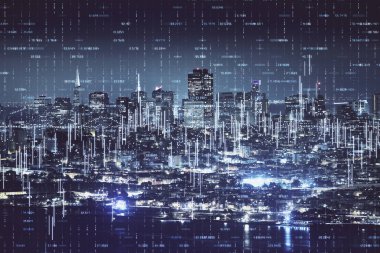 Yüksek binalar arka plan çift pozlama ile gece şehir scape mali grafik. Analiz kavramı.