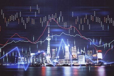 Yüksek binalar arka plan çok pozlama ile gece şehir scape mali grafik. Analiz kavramı.
