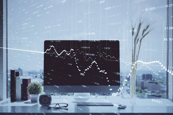 Stock market chart hologram drawn on personal computer background. Double exposure. Concept of investment. — Stock Photo, Image