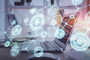 Sosyal ağ tema simgesi olan masaüstü bilgisayarı. Çoklu maruz kalma. Uluslararası bağlantılar kavramı.