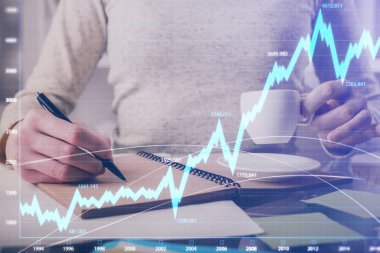 Forex grafik hologram el notları arka plan alarak. Analiz kavramı. Çift Pozlama