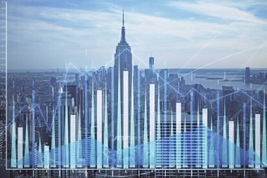 Gökdelenler arka planda çift pozlama ile şehir görünümünde eski grafik. Mali analiz kavramı.