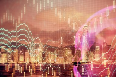 Cityscape arka plan üzerinde forex grafik çizimleri çoklu pozlama. Başarı kavramı.