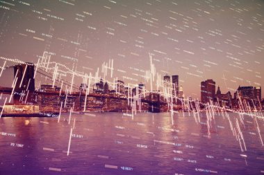 Yüksek binalar arka plan çift pozlama ile gece şehir scape mali grafik. Analiz kavramı.