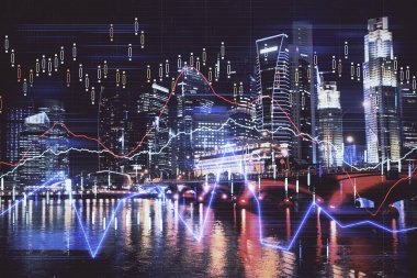 Yüksek binalar arka plan çok pozlama ile şehir scape mali grafik. Analiz kavramı.