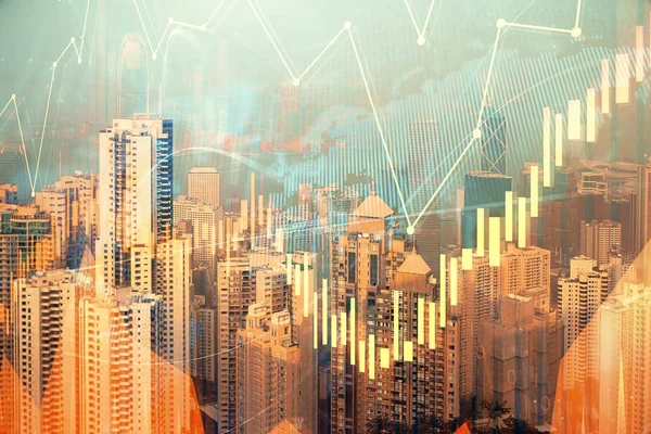 Forex chart a városkép felhőkarcolók tapéta dupla expozíció. Pénzügyi kutatási koncepció. — Stock Fotó