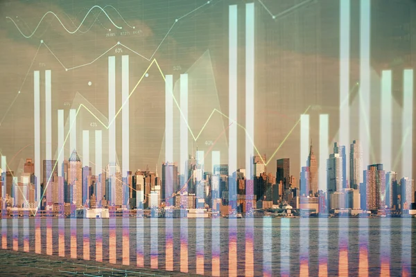 Forex diagram på stadsbilden med skyskrapor tapeter dubbel exponering. Finansiell forskning. — Stockfoto