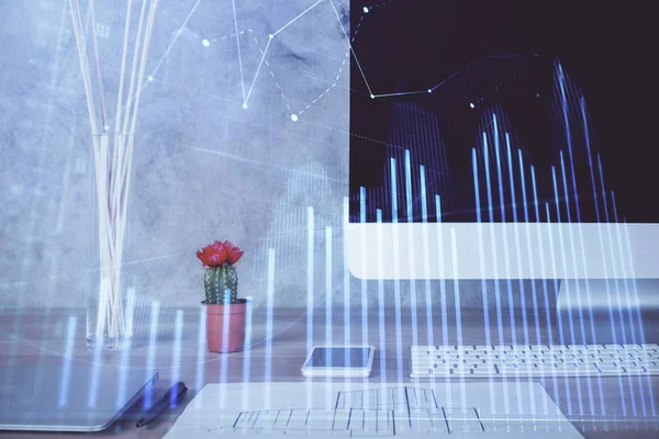 Holograma gráfico de Forex en la tabla con el fondo de la computadora. Exposición múltiple. Concepto de mercados financieros. —  Fotos de Stock