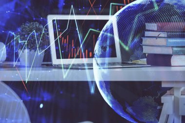 Grafik ve finansal bilgilere ve bilgisayar geçmişi olan çalışma alanına çoklu maruz kalma. Uluslararası çevrimiçi ticaret kavramı.