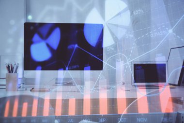 Bilgisayar geçmişi olan eski grafik hologramı. Çoklu maruz kalma. Finans piyasası kavramı.