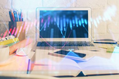 Bilgisayar geçmişi olan eski grafik hologramı. Çifte maruziyet. Finans piyasası kavramı.