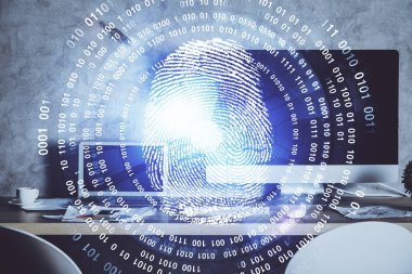 Ofisteki bilgisayarın parmak izi çizimi. Çifte maruziyet. İş veri güvenliği kavramı.