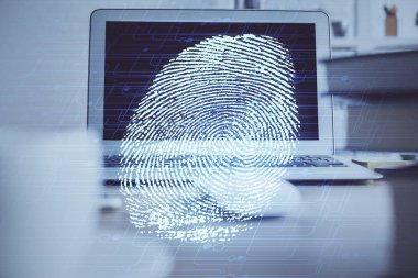 Ofisteki bilgisayarın parmak izi çizimi. Çifte maruziyet. İş veri güvenliği kavramı.