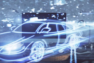 Otomobil hologramı çizimi olan masaüstü bilgisayar arkaplanı. Çoklu maruz kalma. Teknoloji kavramı.