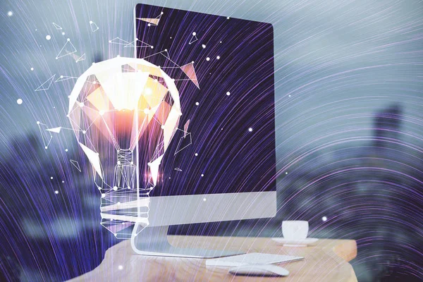 Computer op kantoor met bol icoon hologram. Meervoudige blootstelling. Begrip "idee". — Stockfoto