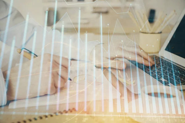 Multi exposure of stock market graph with man working on laptop on background. Concept of financial analysis. — Stock Photo, Image