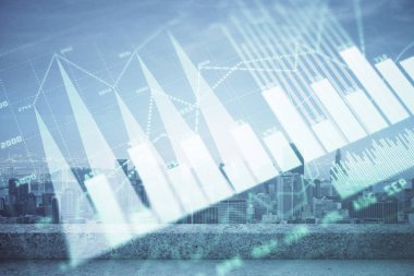 Gökdelenler arka planda çoklu pozlama ile şehir görünümünde eski grafik. Mali analiz kavramı.