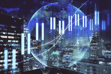 Yüksek binalar arka plan çok pozlama ile gece şehir scape mali grafik. Analiz kavramı.