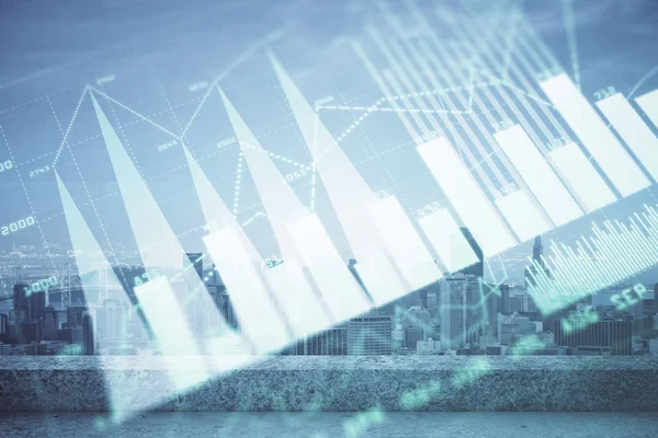 Forex-Graph auf Stadtansicht mit Wolkenkratzern Hintergrund Multi-Exposure. Finanzanalysekonzept. — Stockfoto