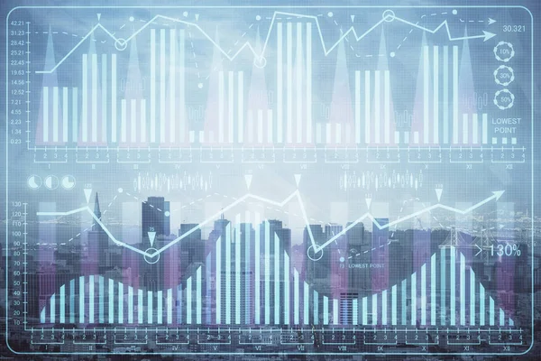高層ビルの背景マルチ露出と都市ビューの外国為替グラフ。金融分析の考え方. — ストック写真