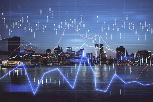 Financiële grafiek op Night City Scape met hoge gebouwen achtergrond dubbele belichting. Analyse concept. — Stockfoto