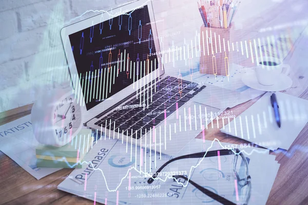 Forex market graph hologram and personal computer on background. Multi exposure. Concept of investment. — Stock Photo, Image