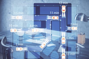Otomobil hologramı çizimi olan masaüstü bilgisayar arkaplanı. Çoklu maruz kalma. Teknoloji kavramı.