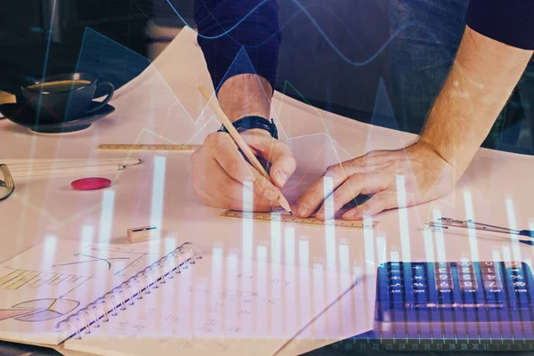 Doble exposición del hombre escribiendo en papel con gráfico de divisas . —  Fotos de Stock