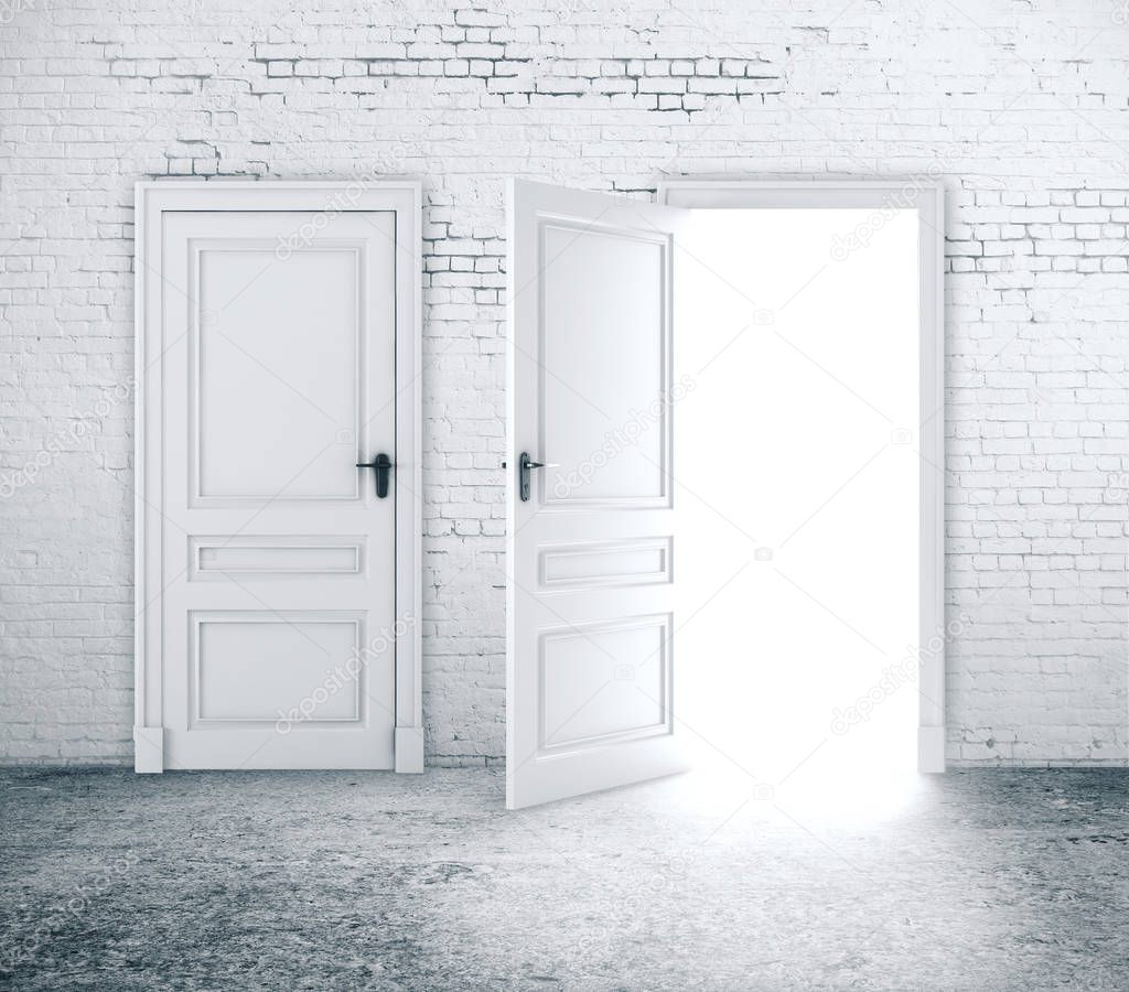 Open and close door in white brick wall