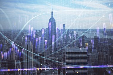 Gökdelenler arka planda çift pozlama ile şehir görünümünde eski grafik. Mali analiz kavramı.