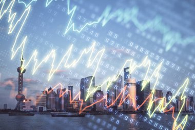 Gökdelenler arka planda çift pozlama ile şehir görünümünde eski grafik. Mali analiz kavramı.