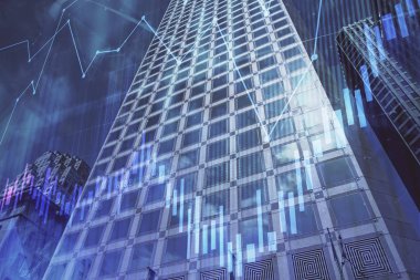 Yüksek binaların arka planında çoklu pozlama olan eski şehir haritası. Finansal araştırma kavramı.