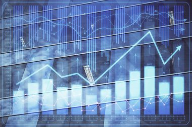 Yüksek binaların arka planında çoklu pozlama olan eski şehir haritası. Finansal araştırma kavramı.