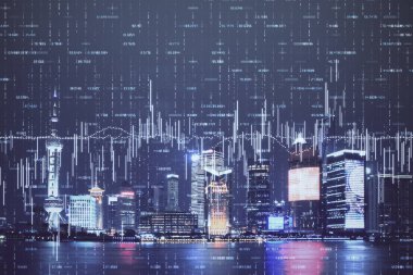 Yüksek binalar arka plan çift pozlama ile gece şehir scape mali grafik. Analiz kavramı.