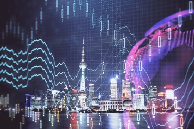 Yüksek binalar arka plan çok pozlama ile gece şehir scape mali grafik. Analiz kavramı.