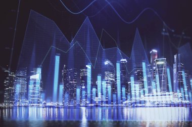 Yüksek binalar arka plan çok pozlama ile şehir scape mali grafik. Analiz kavramı.