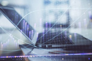 Bilgisayar geçmişi olan eski grafik hologramı. Çifte maruziyet. Finans piyasası kavramı.