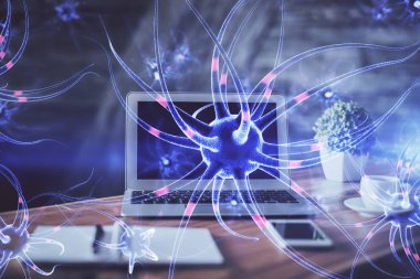 Masaüstü bilgisayar arkaplanı ve nöron çizimi. Çifte maruziyet. Eğitim kavramı.