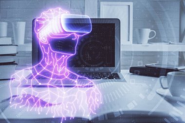 AR tema simgesi olan bilgisayar masaüstünde. Çoklu maruz kalma. Artırılmış gerçeklik kavramı.