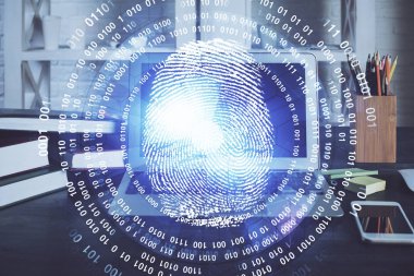 Ofisteki bilgisayarın parmak izi çizimi. Çifte maruziyet. İş veri güvenliği kavramı.