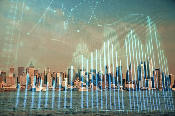 Gráfico de divisas en paisaje urbano con rascacielos fondo de pantalla doble exposición. Concepto de investigación financiera . —  Fotos de Stock