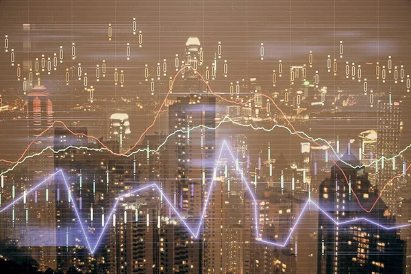 Dubbel exponering av Forex diagram ritningar över stadsbilden bakgrund. Koncept för framgång. — Stockfoto