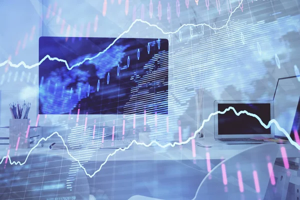 Börsendiagramm und Tabelle mit Computerhintergrund. Doppelbelichtung. Konzept der Finanzanalyse. — Stockfoto