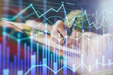 Finansal Forex grafik eller notları arka plan alarak görüntülenir. Araştırma kavramı. Çoklu pozlama